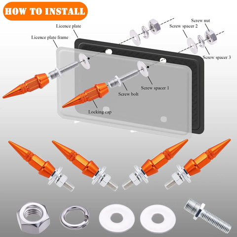 Orange Spike License Plate Screws Kit Four Piece With Anti Theft Bolts Made From Stainless Steel And Aluminum Alloy Decorative Fasteners For Cars Trucks And Motorcycles To Give Your Ride A Dope Custom Look Universal Fit installation guide.