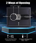 Small Digital Keypad Safe Box Half Cu Ft Wall Mounted Safe For Jewelry Cash Docs And Guns Easy Fast Access With Backup Key Override And Two Second Open, showing two unlocking methods.