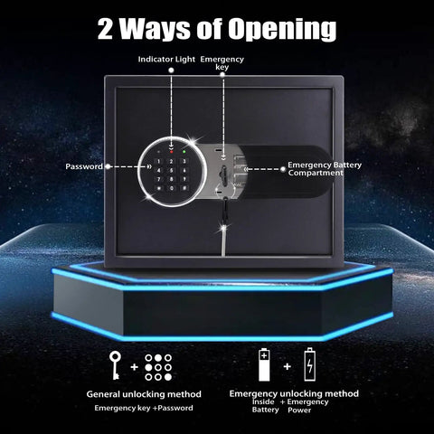 Small Digital Keypad Safe Box Half Cu Ft Wall Mounted Safe For Jewelry Cash Docs And Guns Easy Fast Access With Backup Key Override And Two Second Open, showing two unlocking methods.