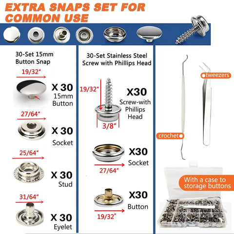 Heavy Duty Snap Fasteners Kit Built Tough With Magnetic Die Holder And Adjustable Pliers 60 Set 15mm Stainless Marine Snaps For Boat Covers Tarp Canvas Upholstery Leather Metal Press Studs Replacement Installation And Repair shown with components and storage case.