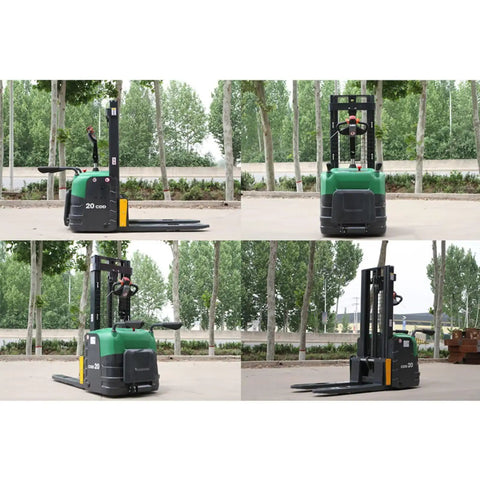 Top Tier Electric Pallet Jack With Massive 3,300 Lbs Capacity And 9.8 Foot Lift Height shown from multiple angles in an outdoor setting.