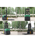 Built Tough Electric Pallet Forklift Offering 3300 Pound Capacity And 14 Point 7 Foot Lift, Rechargeable Battery Warehouse Workhorse, Smooth Ride Automatic Stacker Machine In Green from different angles.