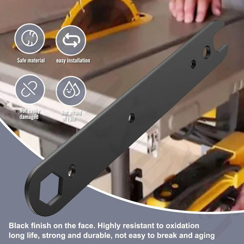 Close-up of N506977 Table Saw Wrench Spanner Set, black spanner tool with hex head designed for easy blade swaps on saws.