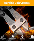 Heavy Duty 14 Inch Bolt Cutter With Forged T8 Steel Blades cutting metal rod, ergonomic handle, flame background.