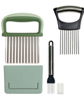 Front view of 3-in-1 vegetable slicer set with green handle and stainless blades, includes julienne and crinkle cutters