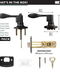 Contents of Privacy Door Lever Set for Bedroom and Bathroom, Matte Black Wave Style, including levers, latch, and screws, 10 pack.