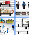 43 Piece Slat Wall Organizer Kit With Hooks, Shelves, Bins, Baskets, Cups, And Screwdriver Holders Black Storage System For Garage, Workshop, And Tool Organization.