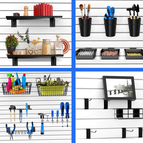 43 Piece Slat Wall Organizer Kit With Hooks, Shelves, Bins, Baskets, Cups, And Screwdriver Holders Black Storage System For Garage, Workshop, And Tool Organization.