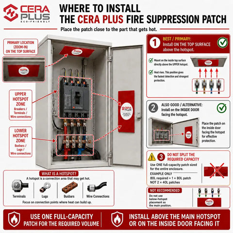 Illustration showing installation guide for CERA PLUS fire suppression patch, featuring hotspot zones for effective placement.