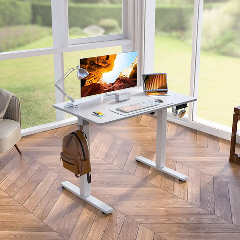 Dope Electric Sit Stand Desk With Smooth Lift 35 By 20 Inch Height Adjustable Standing Desk For Home Office Quiet Under 45dB Motor Ergonomic Computer Desk With Cable Management in a modern room, featuring a white frame and dual monitor setup.