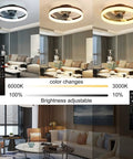 Living room with 20 Inch Modern Low Profile Ceiling Fan With Light Dimmable LED Smart 3 Light Color Change And 6 Speeds Black Finish, color and brightness demonstration