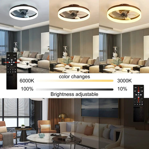 Living room with 20 Inch Modern Low Profile Ceiling Fan With Light Dimmable LED Smart 3 Light Color Change And 6 Speeds Black Finish, color and brightness demonstration