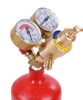 Close-up of dual gauge on Brass Torch Welding And Cutting Kit with red tank and brass fittings.
