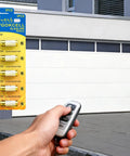 Top-Shelf 23A 12V Alkaline Batteries 5-Pack MN21 displayed with a garage door opener remote in hand.