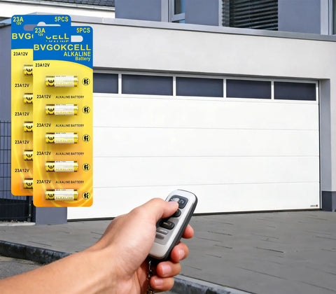Top-Shelf 23A 12V Alkaline Batteries 5-Pack MN21 displayed with a garage door opener remote in hand.