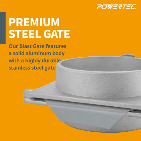Badass 5 Inch Aluminum Blast Gate Flat Out Built For Heavy Shop Dust Collection Systems With Smooth Slide Valve featured on an orange background.