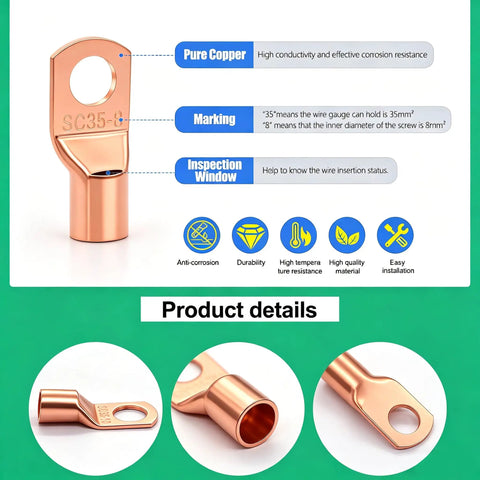 Battery Cable End Lugs 130 Pcs Copper Ring Terminals and Heat Shrink Connectors for AWG 2 4 6 8 10 12 14 16 Gauge detail view