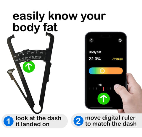 Body Fat Caliper With Skinfold Measurement For Home Fitness, Fast Instant Fat Percentage Readout In App, No Math Needed, Clear Category And Visual Progress Tracking, More Accurate Than A Standard Scale For Real Fat Loss, black caliper and phone display