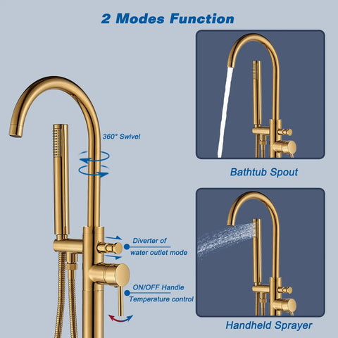 Gold Polished Freestanding Bathtub Faucet Floor Mount Tub Filler With Hand Shower Mixer Taps High Flow 360 Degree Swivel Spout Brass Body 150cm Hose Built To Last showing 2 modes function.