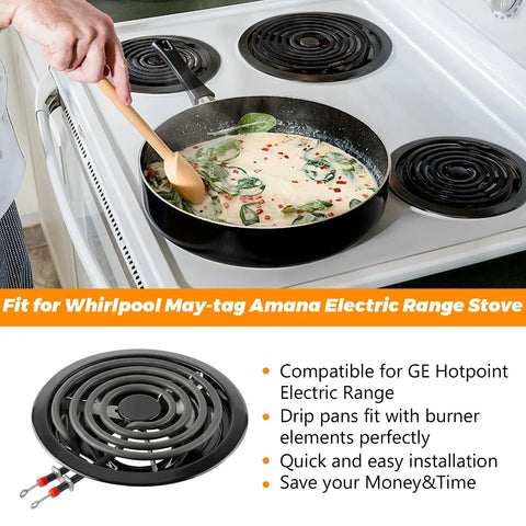 Person cooking on Whirlpool electric range with Porcelain Burner Drip Pan Bowls 2 Pack 8 Inch and 2 Pack 6 Inch fitted