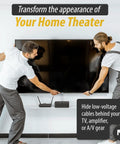 Two men adjusting TV with recessed low voltage media wall plate, built-in duplex outlet, cable management for a neat setup.