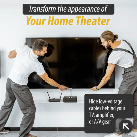 Two men adjusting TV with recessed low voltage media wall plate, built-in duplex outlet, cable management for a neat setup.