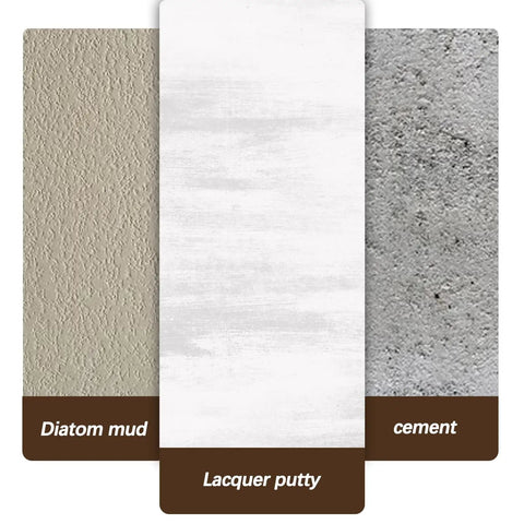 Three material finishes: diatom mud, lacquer putty, and cement textures for comparison.