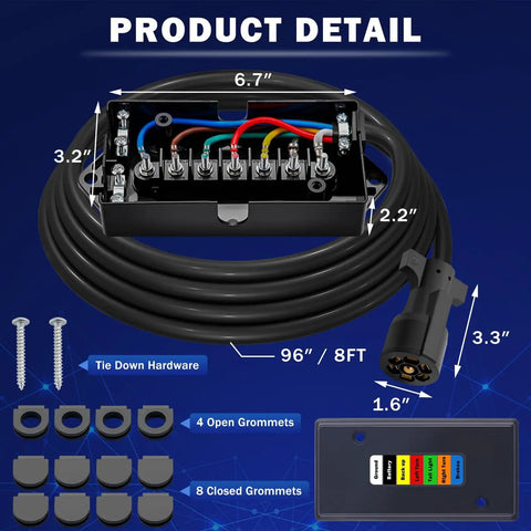 7 Way Trailer Wiring Harness Kit With 8 Foot Cord And 7 Pin Plug, Weatherproof Junction Box, Copper Prong Design shown