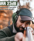 Man wearing Range Ready 23dB Shooting Earmuffs With Gel Ear Pads, Slim Active Noise Reduction And Sound Amplification For Gun Range And Hunting Green Requires 2 AAA Batteries Not Included, aiming a rifle outdoors.