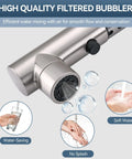 Detail of KOOTTI Tall Stainless Steel Kitchen Faucet with Pull Out Sprayer, 360° Swivel Sink Faucet showing filter bubbler for water conservation.