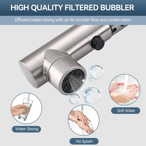 Detail of KOOTTI Tall Stainless Steel Kitchen Faucet with Pull Out Sprayer, 360° Swivel Sink Faucet showing filter bubbler for water conservation.