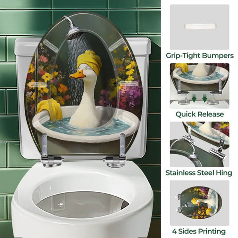 Elongated Toilet Seat Resin for Bathroom featuring a decorative duck design in a bathtub with flowers.