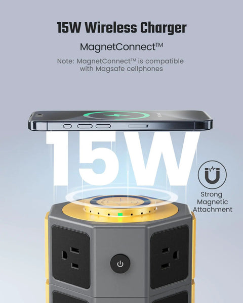 Power Strip Tower With 15W Magnetic Wireless Charger On Top, 6.5Ft Retractable Cord, 1050J Surge Protector, Eight Outlets And Four USB Ports Including Two USB C, Desktop Charging Station For Home Office Garage.