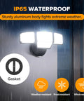 80W Dusk To Dawn Flood Light 9000 Lumens Led Security Beam With Photocell Ip65 Waterproof 4 Head Adjustable Outdoor Fixture For Garage Yard Crushing The Night Cool White mounted on a wall in rain.
