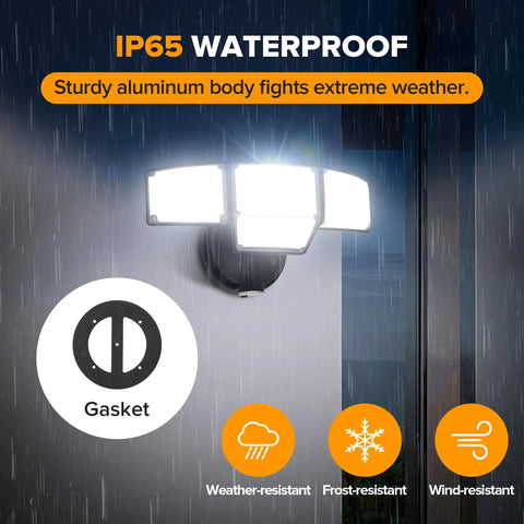 80W Dusk To Dawn Flood Light 9000 Lumens Led Security Beam With Photocell Ip65 Waterproof 4 Head Adjustable Outdoor Fixture For Garage Yard Crushing The Night Cool White mounted on a wall in rain.