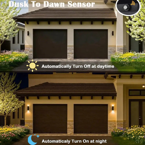 Dusk To Dawn Outdoor Wall Light With Up And Down Lighting, LED A19 Bulbs Included, Exterior Light Fixture on garage day and night