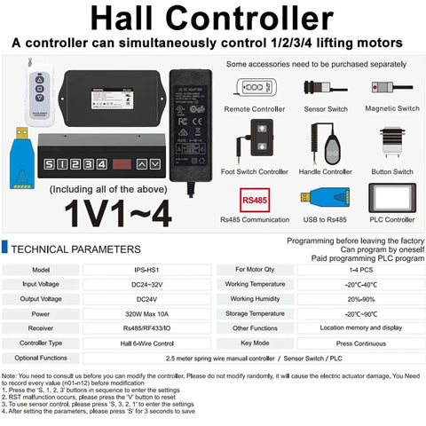 Hall controller for Straight Up Four Piece Linear Actuator Kit with specifications and features for 24 Volt DC motors.