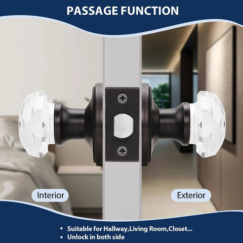 6 Pack Glass Door Knobs For Hallway And Closet Doors Crystal Round Diamond Passage Handles In Oil Rubbed Bronze Finish Non Locking Interior Door Knobs With Round Rosette Easy Install shown on door in a home interior setting.