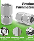 Front view: stainless steel 304 compression tube fittings, 1/4 in OD x 1/4 in NPT female, double ferrule, pack of 2