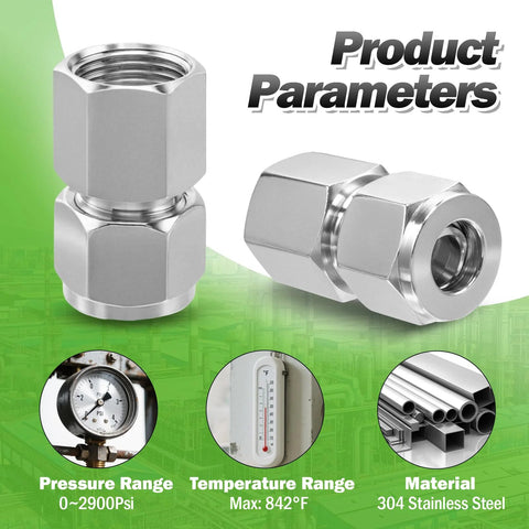 Front view: stainless steel 304 compression tube fittings, 1/4 in OD x 1/4 in NPT female, double ferrule, pack of 2