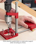Auto Line Drill Guide Portable Drill Guide for Perpendicular Holes Up to Two Inches with Laser Centerlines in use on wood