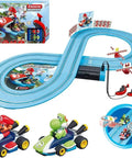 Mario Kart Themed Slot Car Race Track With Spinner Action Includes Two Cars Mario And Yoshi Battery Powered Beginner Racing Set For Young Racers 3 And Up Realistic Electronically Regulated Speed For Safe Fun Race Time, showing full track and cars.