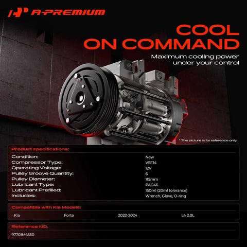 Heavy Duty AC Compressor Assembly With Clutch For Kia Forte 2022 2023 2024 image showing new VSE14 compressor with pulley.