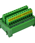 Front view of Heavy Duty Rail Mount 12 Position Screw Terminal Block Distribution Module Built For Industrial Control, 24A per position.