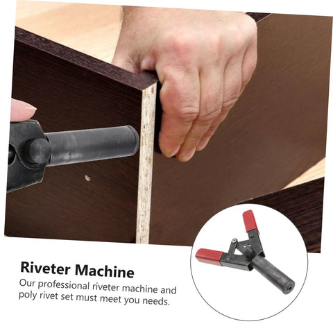 Check Out This Awesome Cabilock Mini Rivet Gun Set Manual Tool Kit For Serious DIYers Who Need A Durable Riveter Machine That Sets Rivnuts Perfectly In One Quick Stroke With Its Ergonomic Design. Manual black riveter clamping dark wood panel for DIY furniture repair