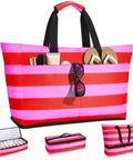 54L Beach Bag With Detachable Cooler, Waterproof And Sandproof Duffle Tote For Women, features pink and red stripes, vacation essential