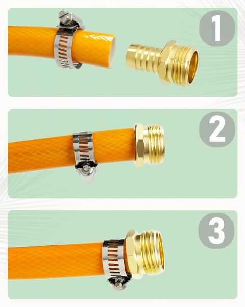 Two Pack Garden Hose Repair Kit For 5/8 Inch Hoses With Heavy Duty Brass Male Quick Connect Fittings And Stainless Steel Clamps