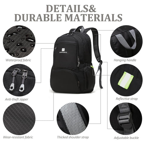 Image of black Lightweight Packable Travel Backpack 30L For Men And Women with waterproof fabric, anti-theft zippers, and padded straps.
