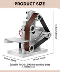 Pugermering Mini Belt Sander Electric Power Tool With Bench Grinder And Polisher Functions Adjustable Angle Worktable Compact Aluminum Alloy Design 30X300mm Ribbed Wheel Automatic Correction For DIY Projects showing dimensions and design features.