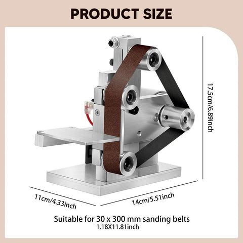 Pugermering Mini Belt Sander Electric Power Tool With Bench Grinder And Polisher Functions Adjustable Angle Worktable Compact Aluminum Alloy Design 30X300mm Ribbed Wheel Automatic Correction For DIY Projects showing dimensions and design features.